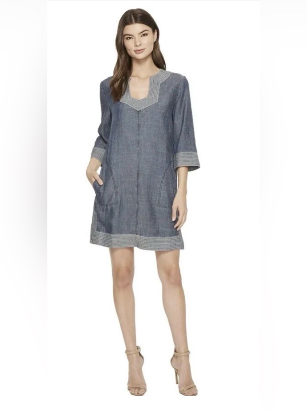 Trina Turk Carnelian Chambray Linen Blend Tunic Shift Dress Size Small Coastal